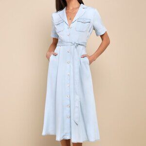 Lulus Pleasant Cutie Blue Chambray Collared Midi Dress With Pockets - Size S